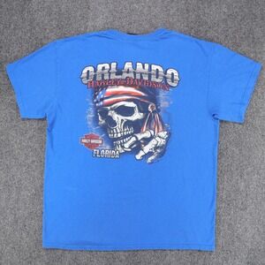 Harley Davidson Orlando Florida Skull Flag Blue Graphic‎ T-Shirt Mens Large 2019